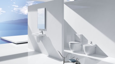 View of the bright white bathroom with Meridian angle, architecture, interior design, product, product design, table, tap, white