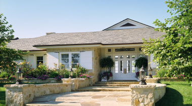 View of grand entrance way - View of cottage, estate, facade, farmhouse, home, house, landscaping, mansion, property, real estate, residential area, villa, yard, teal