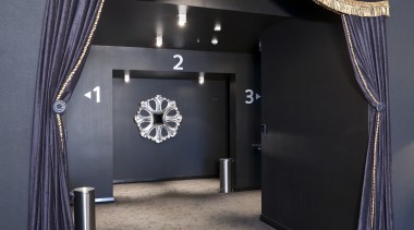 Interior view of an entrance to a cinema architecture, ceiling, interior design, structure, black, gray