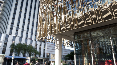 Exterior view of the Wellington Supreme Court which architecture, building, city, commercial building, condominium, corporate headquarters, daytime, downtown, facade, headquarters, landmark, metropolis, metropolitan area, mixed use, neighbourhood, plaza, residential area, sky, skyscraper, structure, urban area, black