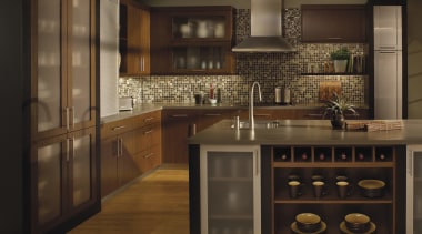 View of modern kitchen accessories in this traditional cabinetry, countertop, cuisine classique, interior design, kitchen, under cabinet lighting, brown, black