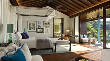 View of Four Seasons Seychelles high-end resort - ceiling, estate, interior design, living room, property, real estate, resort, room, gray