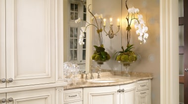 View of traditional bathroom - View of traditional bathroom accessory, cabinetry, chest of drawers, countertop, cuisine classique, floor, flooring, furniture, home, interior design, molding, room, window, white, brown