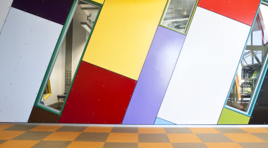 View of the colourful interior - View of angle, architecture, daylighting, design, floor, flooring, light, line, red, wall, yellow, orange