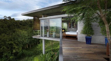 View of deck with bush landscape. - View architecture, backyard, cottage, home, house, outdoor structure, property, real estate, tree