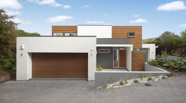 View of the entrance way of this modern architecture, building, elevation, facade, home, house, property, real estate, residential area, gray