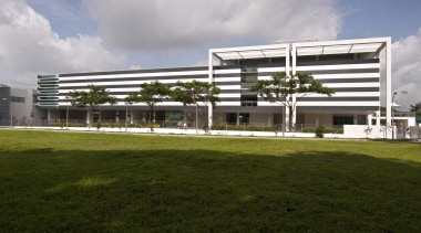 Exterior view from the fields - Exterior view architecture, building, corporate headquarters, facade, grass, headquarters, house, sky, structure, brown, gray