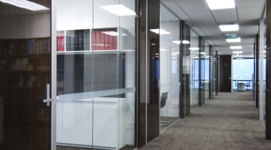 Interior view of the office main hallway - ceiling, floor, flooring, glass, interior design, lobby, office, wall, gray, black
