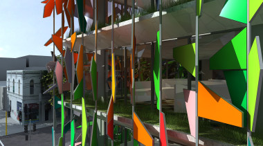 View of the siding of this unique building structure, black