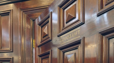 View of lifts in the renovated historic Sydney cabinetry, ceiling, door, hardwood, wall, wood, wood stain, brown