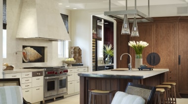 View of a kitchen featuring island, granite countertops, cabinetry, ceiling, countertop, cuisine classique, interior design, kitchen, room, gray, brown
