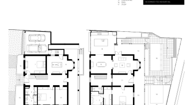 View of architectural plans for contemporary townhouses. architecture, area, black and white, design, diagram, drawing, elevation, floor plan, font, line, plan, product design, schematic, structure, text, white