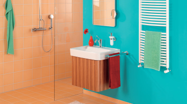 View of bathroomware by Zehnder America - View bathroom, bathroom accessory, bathroom cabinet, floor, flooring, interior design, plumbing fixture, product, product design, room, tile, wall, orange, teal, gray