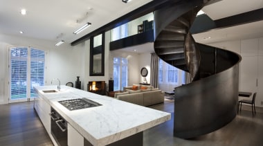 View of renovated home which features kitchen with countertop, interior design, kitchen, gray, black