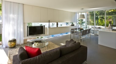 View of open plan living and dining area home, house, interior design, living room, property, real estate, gray