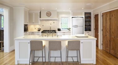 View of a traditional-styled kitchen which features timber cabinetry, countertop, cuisine classique, floor, flooring, hardwood, interior design, kitchen, real estate, room, wood flooring, gray