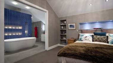 View of contemporary bedroom with ensuite featuring blue architecture, bedroom, ceiling, estate, floor, interior design, real estate, room, suite, wall, gray