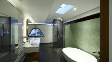 View of contemporary bathroom with white oval bath architecture, bathroom, ceiling, daylighting, house, interior design, room, black, gray