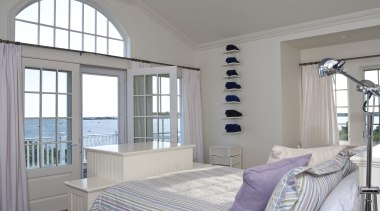 View of bedroom featuring wooden floors, white painted bedroom, ceiling, daylighting, estate, home, interior design, property, real estate, room, window, window covering, window treatment, gray