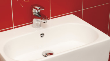 View of this contemporary bathroom - View of bathroom, bathroom sink, bidet, ceramic, plumbing fixture, product, product design, sink, tap, toilet seat, white, red