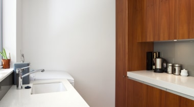 View of kitchen which features oak floors, CaesarStone architecture, bathroom, countertop, floor, flooring, hardwood, house, interior design, kitchen, real estate, room, sink, wood, wood flooring, white, brown