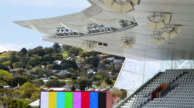View of sound equipment at Eden Park which architecture, sport venue, structure, gray