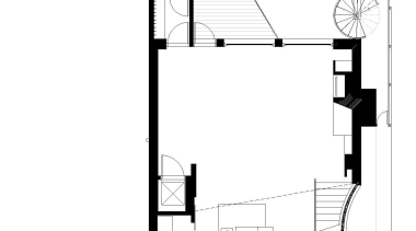 View of a renovated three-story home, built to angle, architecture, area, black and white, design, diagram, drawing, elevation, floor plan, font, line, plan, product, product design, schematic, structure, white