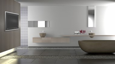 View of waterproof LCD television from HTOTV. - bathroom, bathroom accessory, bathroom cabinet, floor, flooring, interior design, product design, room, sink, tile, wall, gray