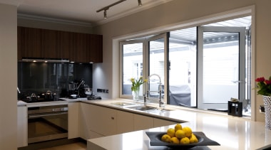 View of a renovated show home kitchen designed countertop, cuisine classique, interior design, kitchen, real estate, window, brown, white