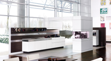 View of a contemporary kitchen which features Poggenpohl display case, furniture, interior design, kitchen, product design, table, white