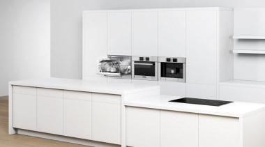 View of a minimal kitchen which features white furniture, kitchen, product, product design, white