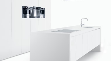 View of a minimal kitchen which features white angle, bathroom accessory, bathroom cabinet, bathroom sink, furniture, plumbing fixture, product, product design, tap, white