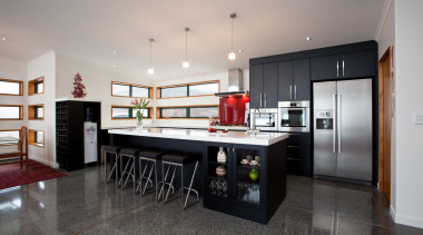 View of a open-plan kitchen manufactured by Joinery countertop, cuisine classique, interior design, kitchen, real estate, room, gray, black