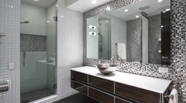 View of apartment bathroom designed by Design Elements bathroom, ceiling, floor, flooring, interior design, room, tile, wall, gray