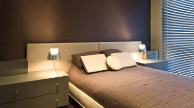 View of a bedroom at the Pececnik residence architecture, bed, bed frame, bedroom, ceiling, floor, interior design, lighting, room, suite, wall, brown