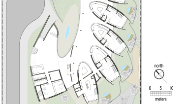 Floorplan of Dalian Preschool, with curvilinear forms and area, design, diagram, font, joint, line, organ, organism, plan, product design, text, white