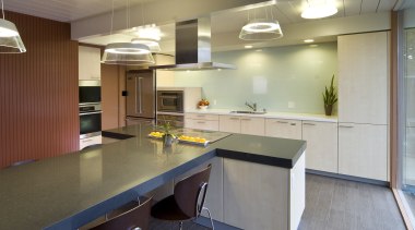 View of contemporary kitchen, bench, breakfast bar, white countertop, interior design, kitchen, real estate, room, gray, brown