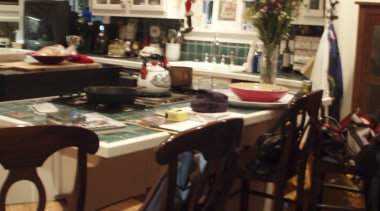 View of remodeled kitchen with rainforest green marble dining room, furniture, home, interior design, room, table, wood, brown, black