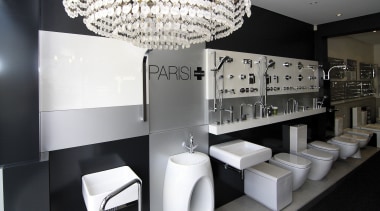 View of contemporary bathroom fixtures. - View of ceiling, interior design, light fixture, lighting, product design, black, white