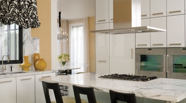 Calacatta marble topped island bench top.  Stainless countertop, cuisine classique, home, interior design, kitchen, room, table, gray