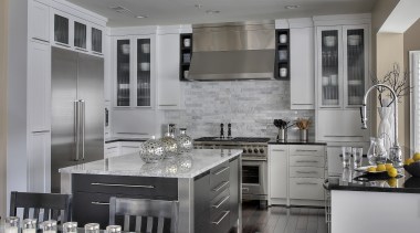 Monochromatic palette. Black painted oak island with stainless cabinetry, countertop, cuisine classique, interior design, kitchen, gray