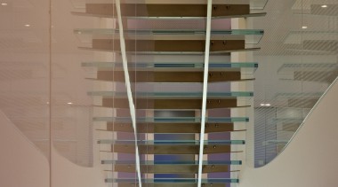 View of penthouse with white walls and a architecture, ceiling, daylighting, glass, handrail, interior design, stairs, structure, wood, brown, gray