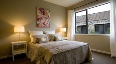 View of kitchen with retro feel and bedroom bed, bed frame, bedroom, ceiling, furniture, home, interior design, real estate, room, suite, window, brown