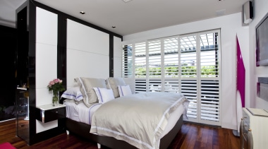View of bedroom with neutral-toned bedding. - View bed frame, bedroom, ceiling, floor, home, interior design, property, real estate, room, window, window covering, gray