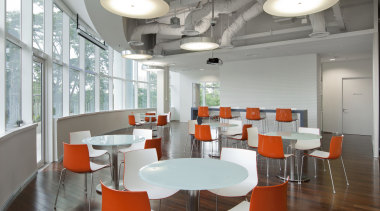 View of the Solaris building with AutoDesk fit-out, architecture, café, cafeteria, ceiling, chair, conference hall, daylighting, furniture, interior design, office, product design, table, gray, white