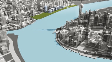 View of the Shanghai International Cruise Terminal. bird's eye view, city, cityscape, metropolis, metropolitan area, mixed use, neighbourhood, residential area, suburb, urban area, urban design, water resources, teal, gray