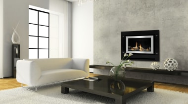 View of fireplaces by Rinnai - View of angle, coffee table, couch, fireplace, floor, flooring, furniture, hearth, home, interior design, living room, loveseat, table, wall, gray, white
