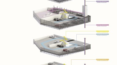 View of the Anvil Building, with angled custom naval architecture, product, product design, structure, yacht, white