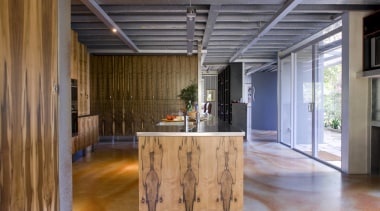 The house and kitchen designed by Jonothan Grose-Jong architecture, ceiling, floor, flooring, hardwood, house, interior design, loft, real estate, table, wood, wood flooring, brown, gray