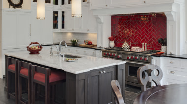 Arched openings. Red splash back. Limestone floors. White cabinetry, countertop, cuisine classique, floor, flooring, interior design, kitchen, room, gray